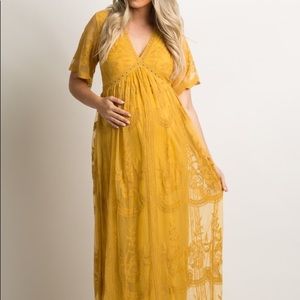 Pinkblush mustard lace mesh maternity maxi dress